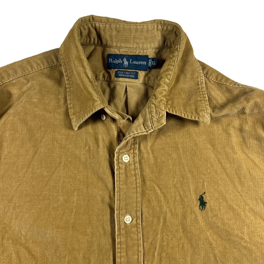 Polo Ralph Lauren Vintage 90s Corduroy Shirt Beige Green Pony Custom Fit XL